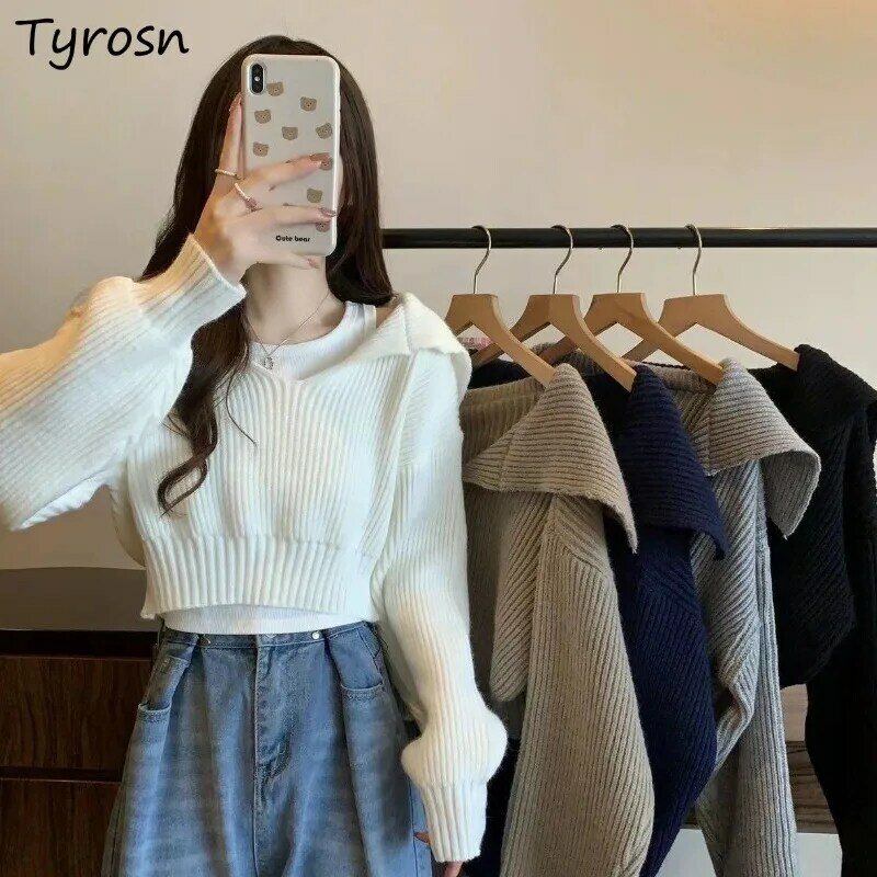 Pullovers Women Long Sleeve Knitted Crop Tops Vintage V-neck Sweaters Loose All-match Fashion Casual New Simple Solid Color Chic