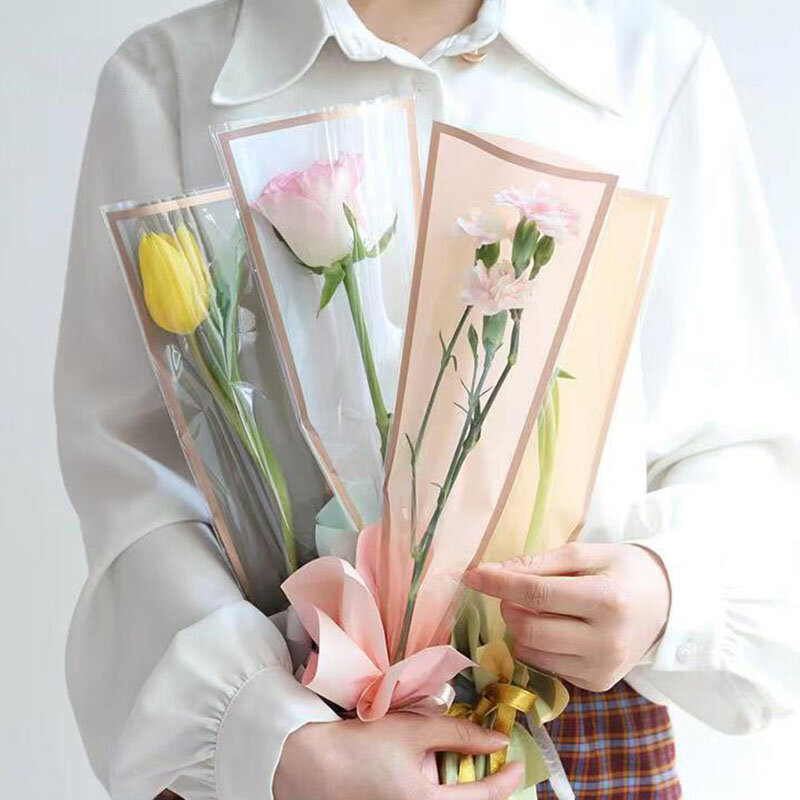 꽃 포장지 황금 테두리 장미 한국 스타일, 반 투명 선물 포장, 플로리스트 꽃다발 포장재료, 팩당 5 개