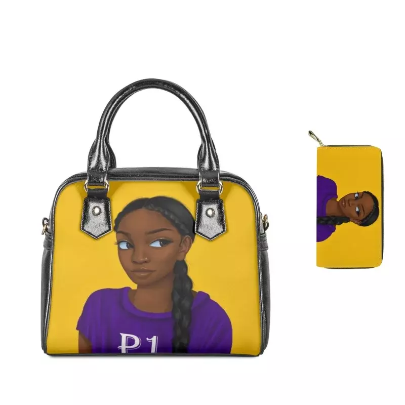 Bolso de mano de cuero con estampado de chica afroamericana para mujer, Cartera de hombro, bolso informal con asa superior, conjunto de 2 unidades