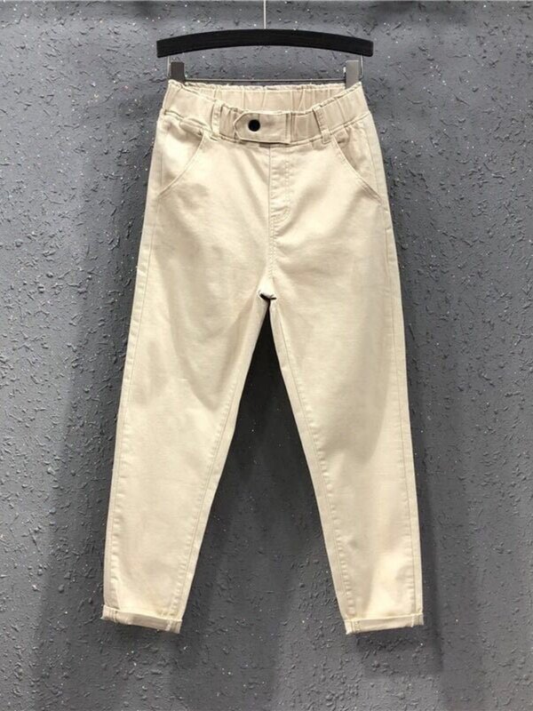 Plus Size Thin Denim Office Lady Baggy Jeans For Women Pants Casual Button Korean Fashion Pockets Elastic Waist Pantalon Femme