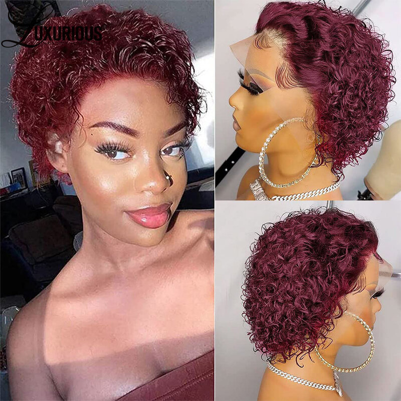 Preplucked Short Pixie Cut Wig Water Wave  Brazilian Human Hair Wigs For Black Women  Deep Curly 13*1 Transparent Lace Front Wig