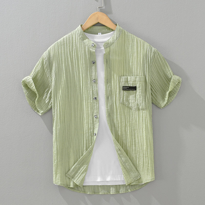 Lyocell-camisas masculinas de manga curta com gola alta, camisas soltas casuais, plus size, verão, novidade, 2024