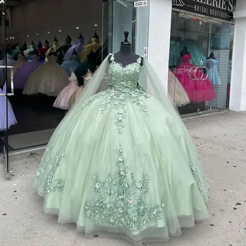 Luxury Shiny Princess Quinceanera Dresses With Glittering Cape Vestidos De 15 Anos 3D Flower Applique Formal Birthday Ball Gown