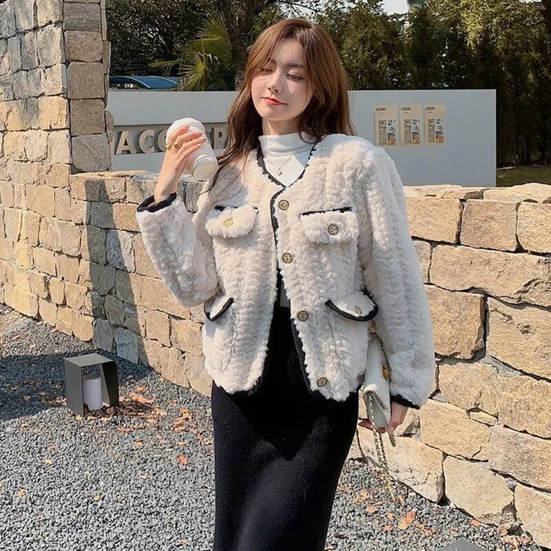 여성용 양모 재킷, 두껍고 따뜻한 플러시 코트, 짧은 인조 모피 코트, 한국 패션, 2023 가을 겨울 신상