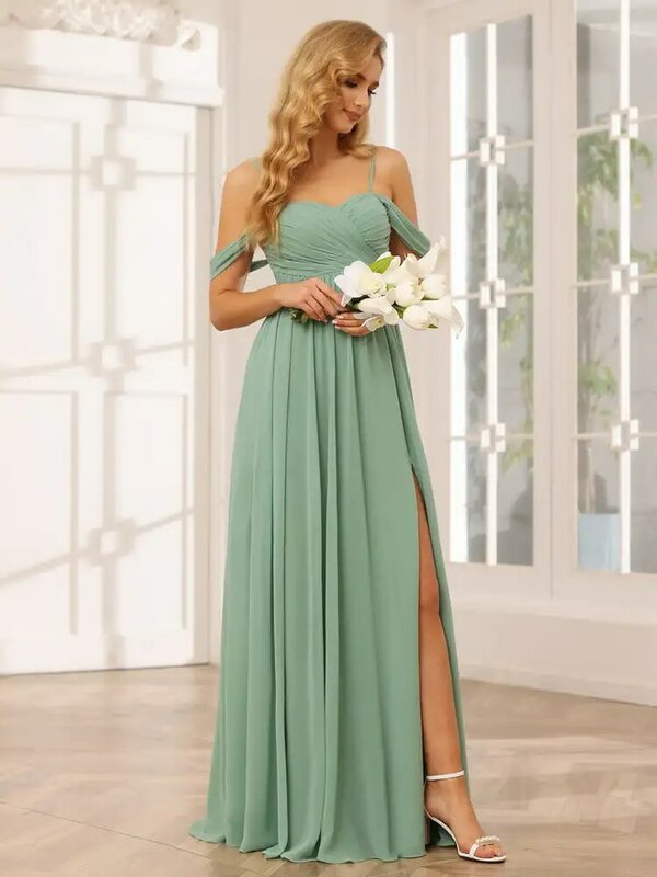 Chiffon Sweetheart Spaghetti Straps A-line Ruched Long Bridesmaid Dresses Plain Floor-Length Backless Wedding Party Gowns