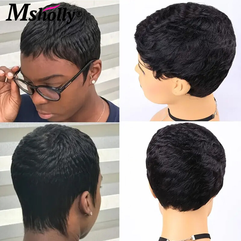 Peruca de cabelo humano Remy brasileira sem cola para mulheres negras, perucas Pixie Cut, peruca curta pré-arrancada, barata, feita por máquina completa