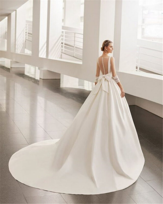 Vintage profundo decote em v drapeado vestido de noiva ilusão de luxo manga longa vestido de casamento com laço robe de mariee