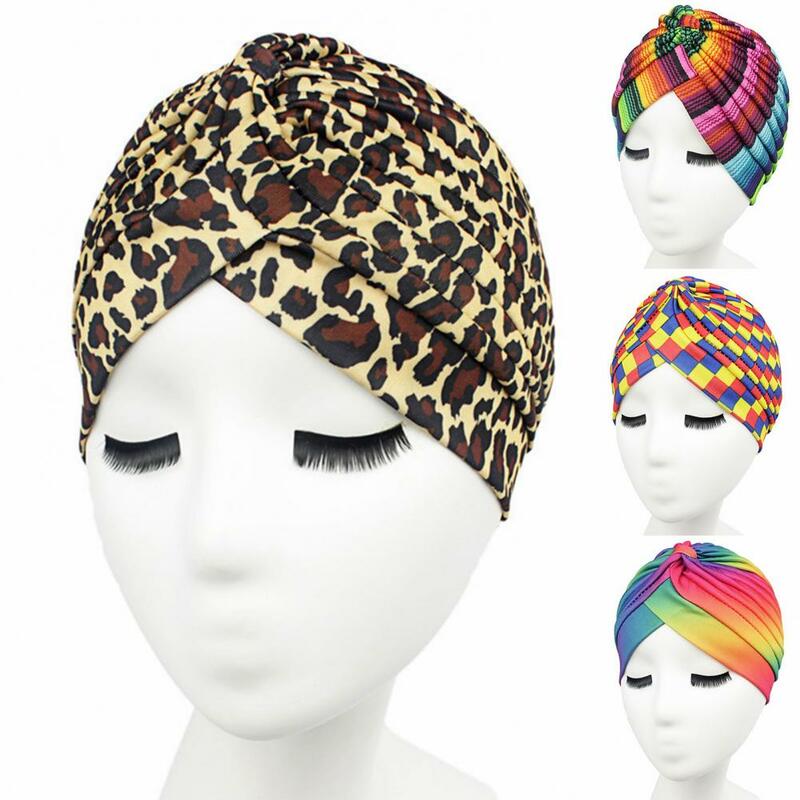Boné feminino moda chapéu gorro arco-íris cor leopardo muçulmano hijab turbante cabeça envoltório