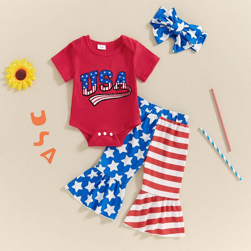 Baby Girls 4th of July Sets Short Sleeve Letter Print Romper Stars Stripe Print Pants Headband Sets