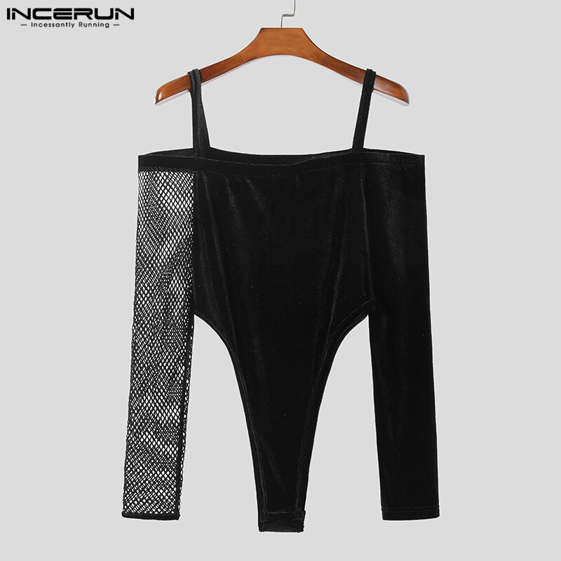 INCERUN 2023 Sexy Style New Men Homewear Fashion Solid All-match Bodysuits Handsome Male Digging Mesh Long Seeved Jumpsuit S-5XL