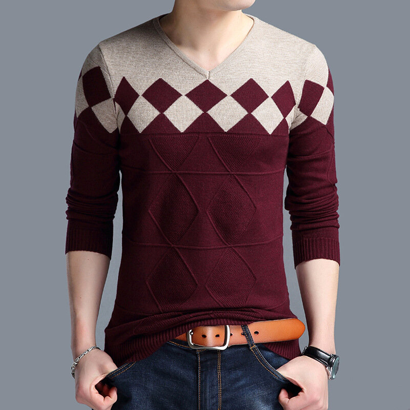 Suéter informal de lana de Cachemira para hombre, jerseys ajustados, suéteres de Argyle, ropa de otoño