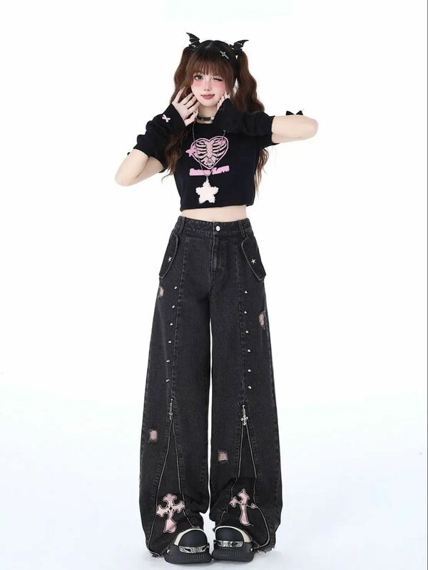 Damen bekleidung schwarze Gothic Jeans 90er Jahre ästhetische y2k übergroße Jeans hose Vintage Harajuku koreanische Emo 1920er Jahre Jeans hose