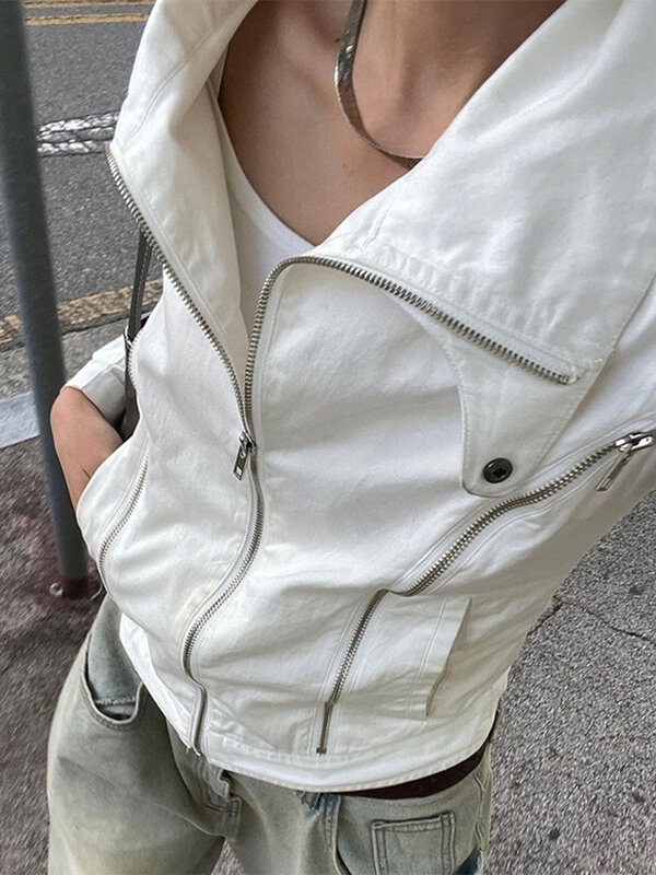Women Casual Jacket Vintage Long Sleeve Stand Collar Zipper Closure Solid Cool Fall Outwear