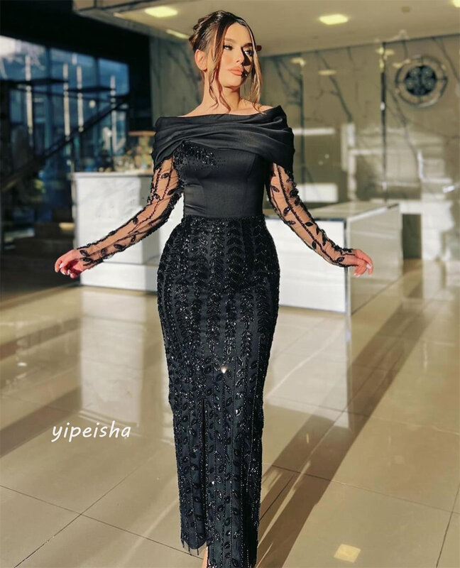 Exquisite High Quality Sparkle Jersey Beading Draped Pleat Beach A-line Off-the-shoulder Bespoke Occasion Gown Midi Dresses