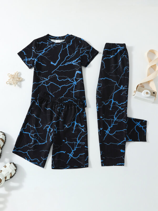 Conjunto de pijama con estampado de patrón fresco para niños, Top de manga corta, pantalón corto, cómodo, moderno, 3 piezas