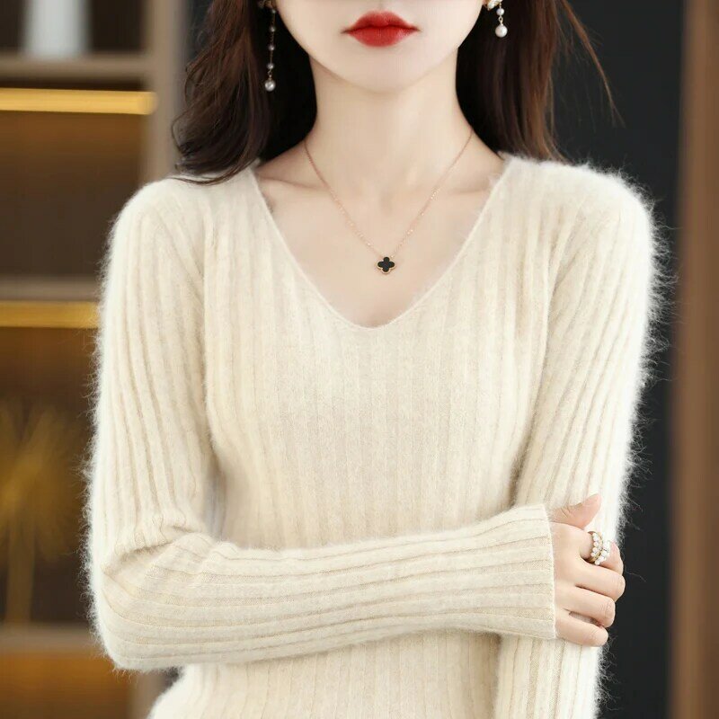 Норковый свитер с V-образным вырезом Женская трикотажная осенне-зимняя новая Стильная однотонная модная универсальная подкладка в полоску в Корейском стиле