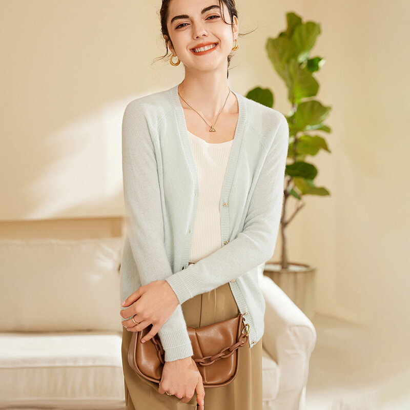 Damski kardigan z okrągłym dekoltem na wiosnę i jesień 100% kaszmirowy sweter z długim rękawem Pure Color Office Lady Basic Clothes Korean Style