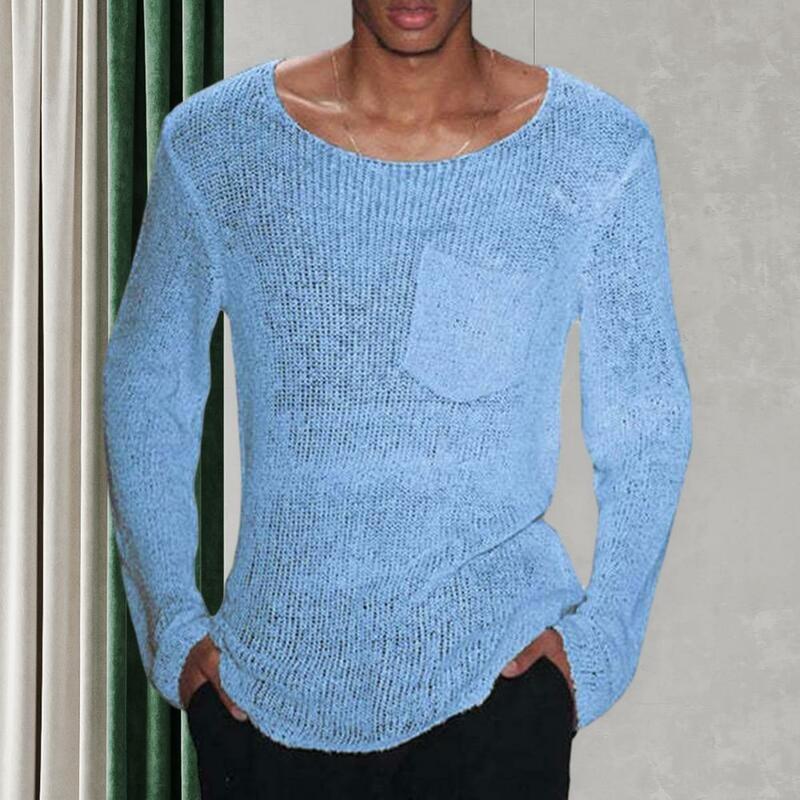 Suéter oco de tricô masculino, gola em O, manga comprida, pulôver casual, estilo fino, solto, cor sólida, A