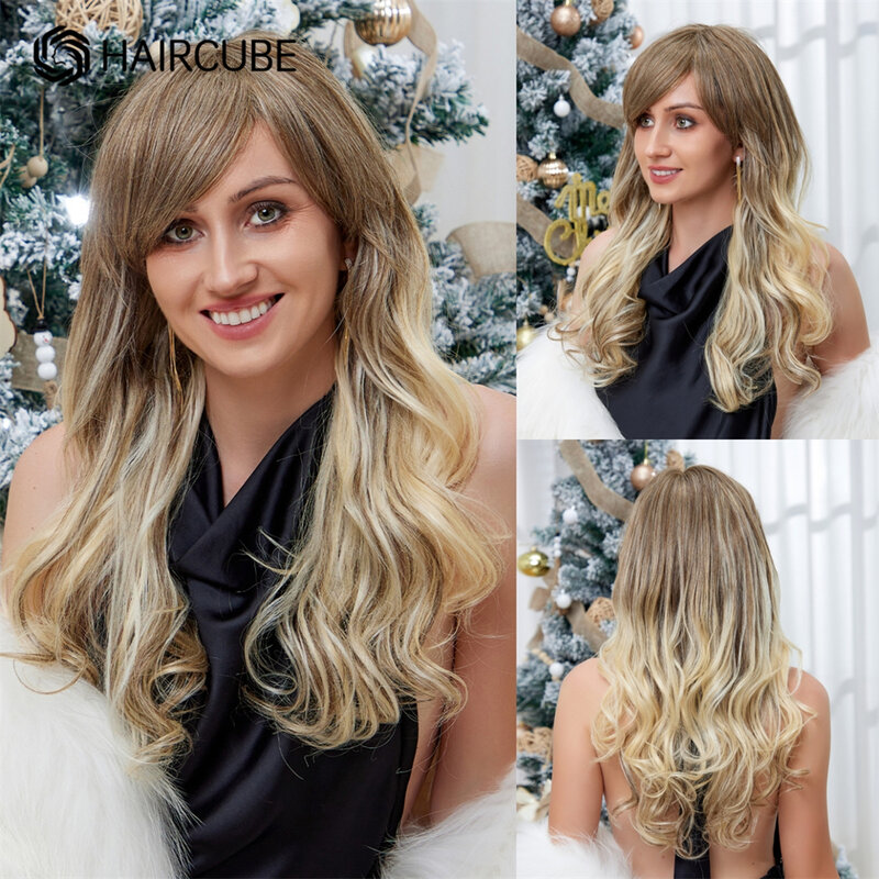 HAIRToxic-Perruque longue ondulée avec frange pour femme, cheveux humains synthétiques, blond ombré, marron, mélange de cheveux, degré de chaleur