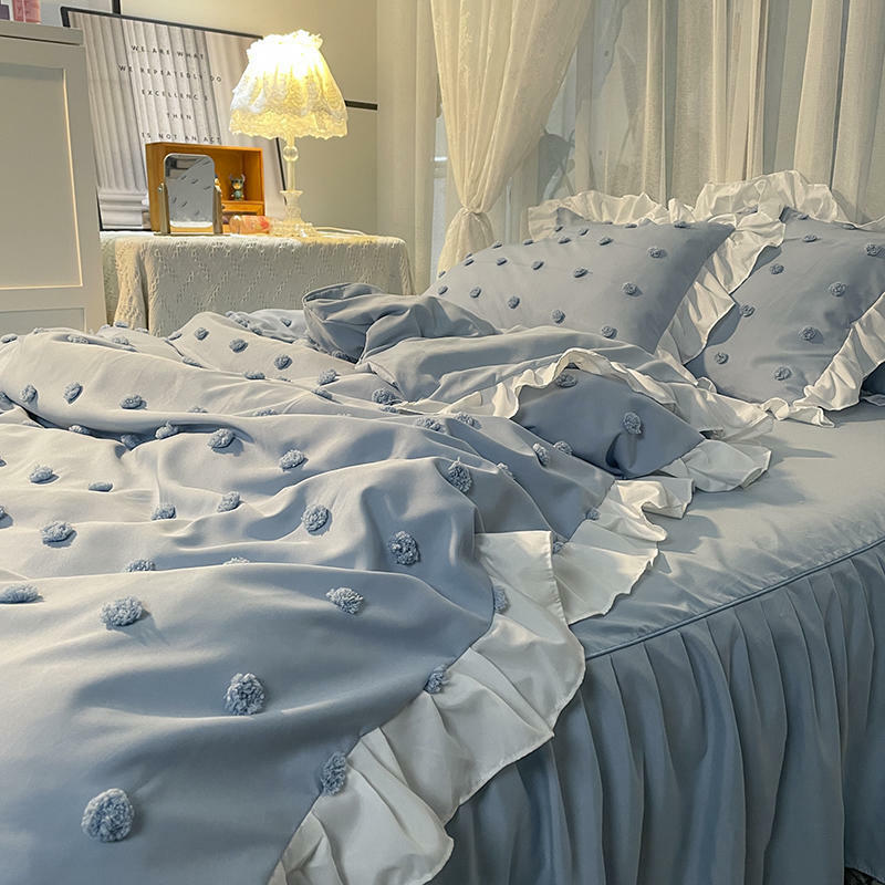 مجموعة لحاف دانتيل كرة صغيرة ، تنورة سرير ، مفارش سرير لغرفة الأميرة ، على الطراز الكوري ، 4 قطع