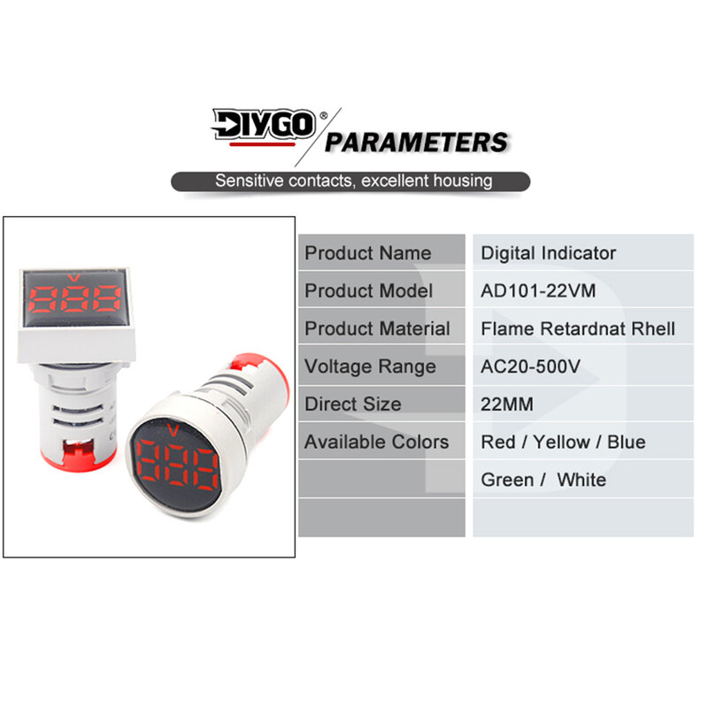 사각형 및 원형 패널 LED 디지털 전압 계량기 표시등, AC20-500V 전압계, 22mm 보호 필름, 전압계 테스터
