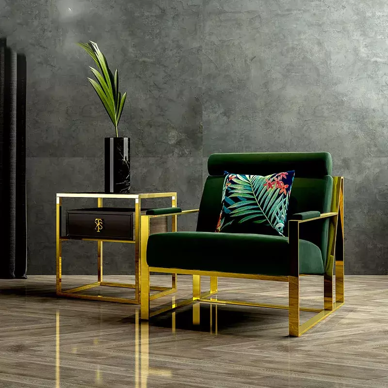 كرسي صالة حديث بسيط من الفولاذ المقاوم للصدأ ، قماش مخملي ذهبي ، أريكة صغيرة مفردة ، غرفة نموذجية ، مصمم