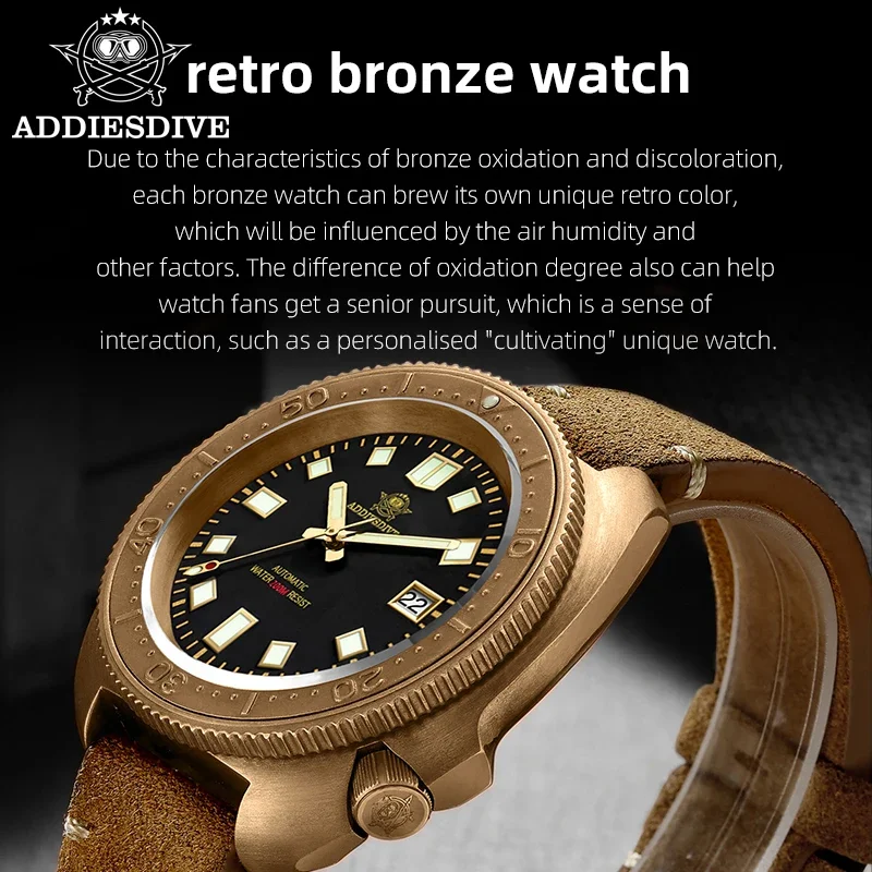 ADDIESDIVE-reloj mecánico automático para hombre, pulsera superluminosa con carcasa de bronce, 200M, AD2104, CUSN8