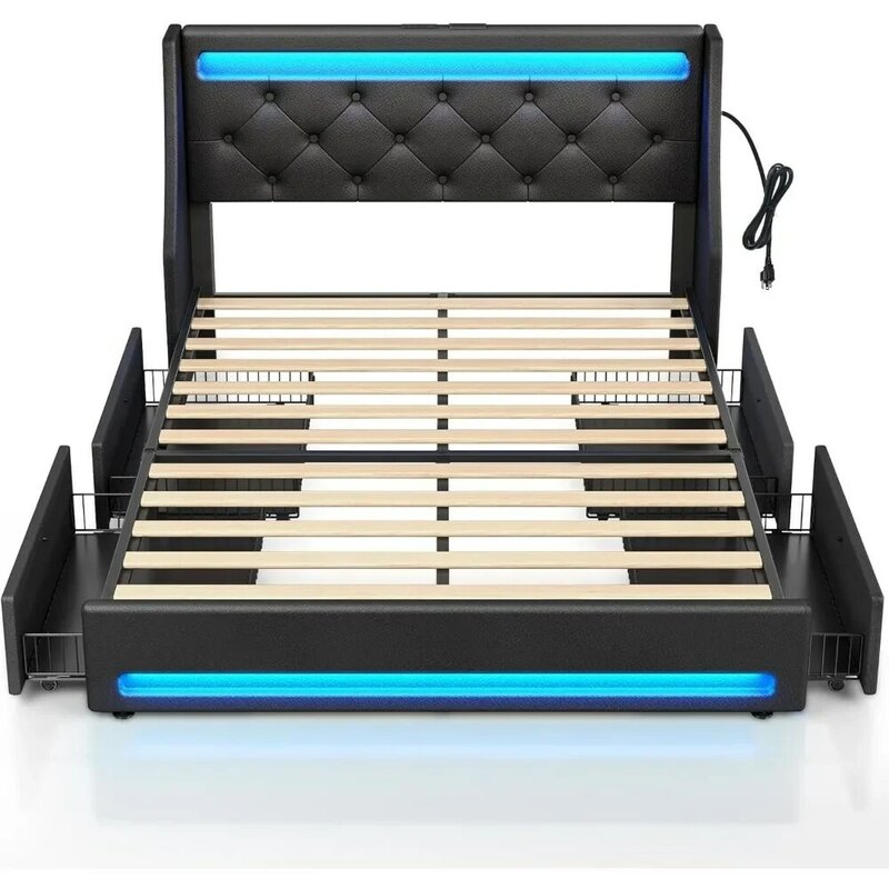 Marco de cama doble con luces LED y estación de carga, tapizado con cajones, tablones de madera, silencioso y fácil de montar