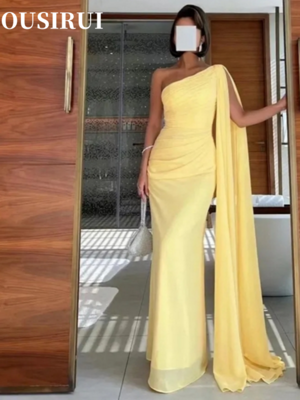 OUSIRUI One Shoulder Specail Party Women Prom Gowns Floor Length Formal Evening Dress Mermaid Yellow Chiffon Prom Dresses