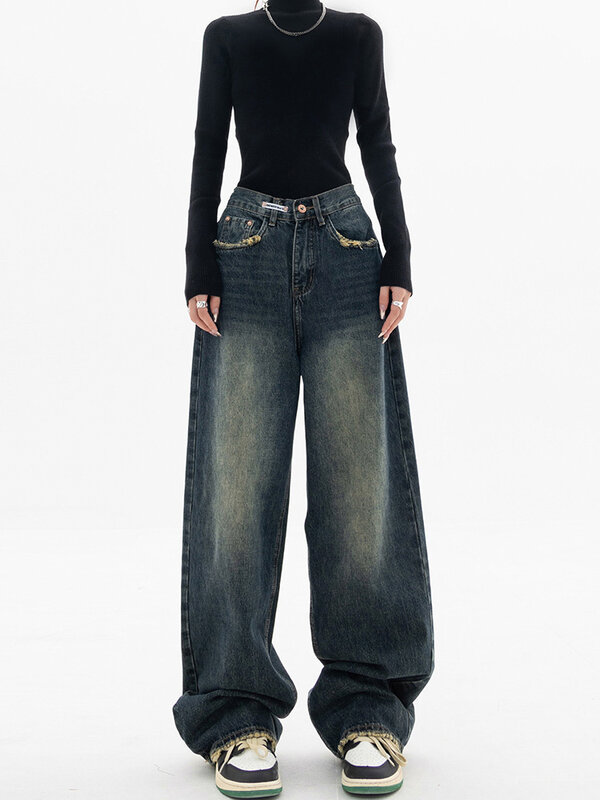 Jeans de perna larga cintura alta para mulher, vintage harajuku, estilo BF, streetwear, tudo combina, calça jeans solta, moda, 2023