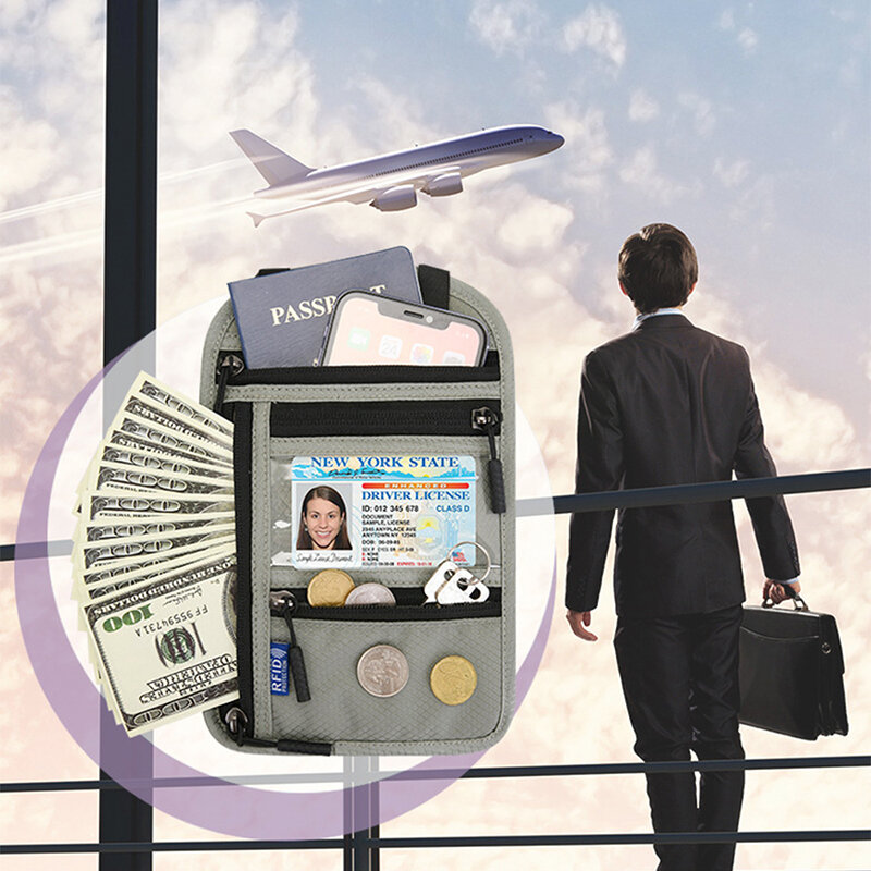 여행용 휴대용 RFID 차단 여권 지갑, 남녀공용 맞춤형 자수 이름, 다기능 방수 목 파우치, 휴대폰 가방