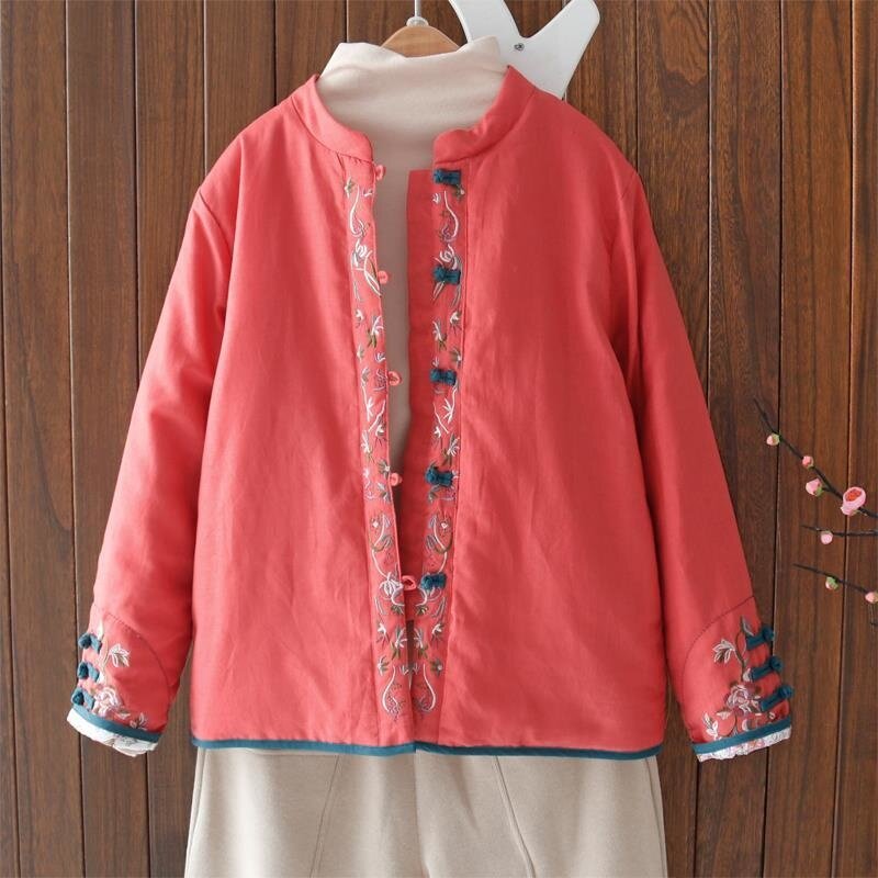 Retro Cotton And Linen Jacket Embroidered Ethnic Style Women's Stand-Up Collar Buckle Chinese Parkas Coat Ladies Autumn Winter