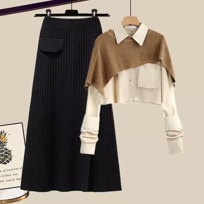 Conjunto de vestido de três peças feminino, xale solto, camisa de manga comprida, cintura alta, meia saia de malha, novo, outono, 2022
