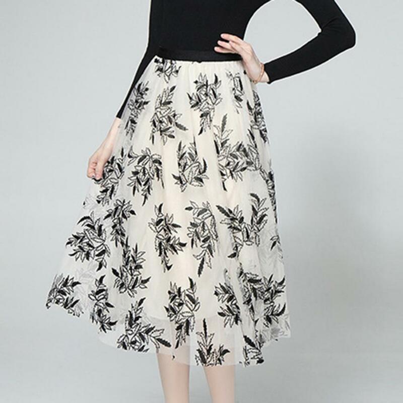 Mesh Tulle Midi Skirt Elegant 3d Embroidered Leaf Print A-line Skirt with Double-layered Mesh Tulle High Waist Design for Women
