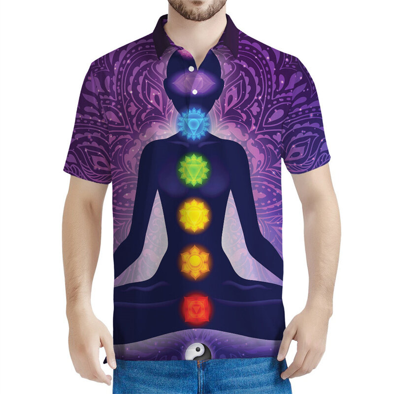 Classic Chakras Of The Universe Pattern Polo Shirt 3D Printed Button T Shirts For Men Summer Streetwear Short Sleeve Tees Tops