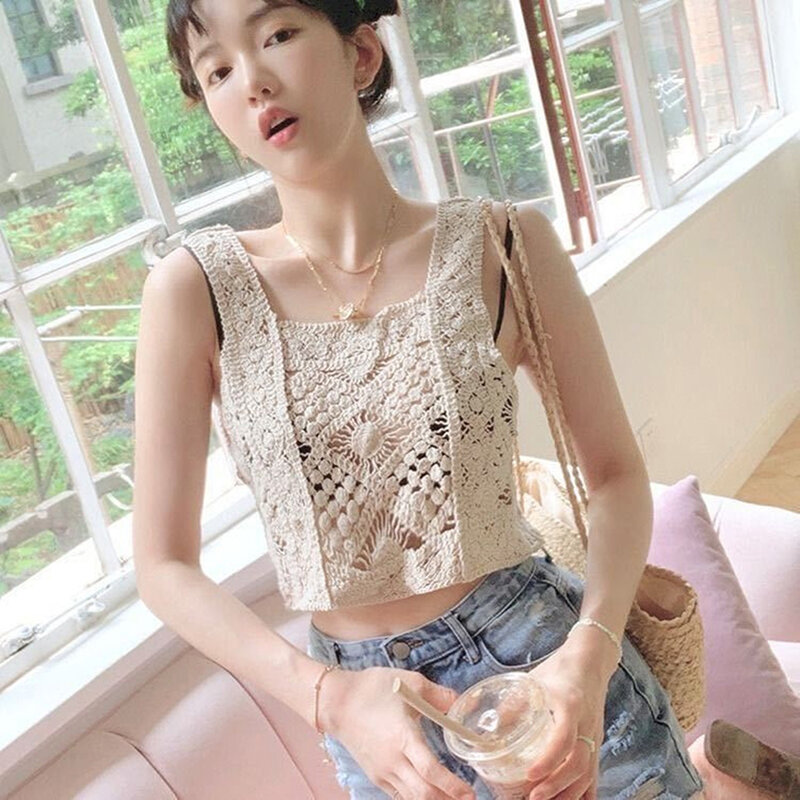Camiseta sin mangas de punto con bordado calado para mujer, camisola sin mangas de Color liso para verano