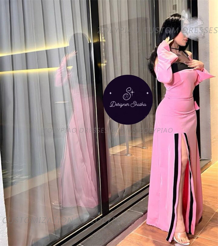 เดรสงานเย็บปะสีชมพูขนาดใหญ่พิเศษแขนยาวผ่าข้างชุดราตรีอาหรับดูไบพรอมสำหรับผู้หญิงชุดออกงานค็อกเทล