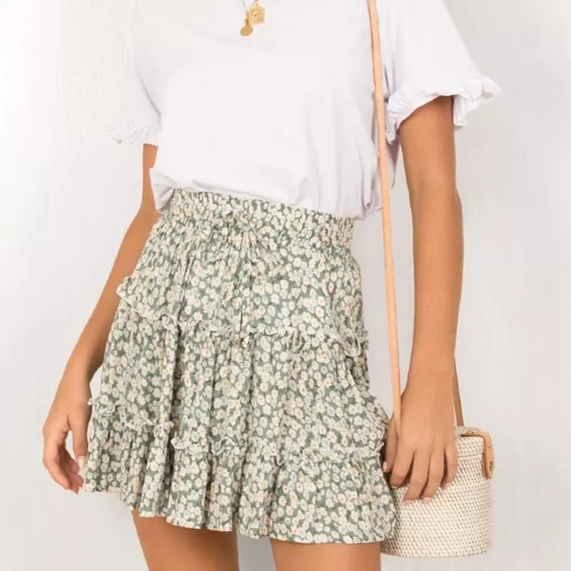 Women's Floral Mini Skirt Summer High Waist Ruffled Lace Up A-Line Beach Skirt Fresh Style Loose Skirts Streetwear Sweet