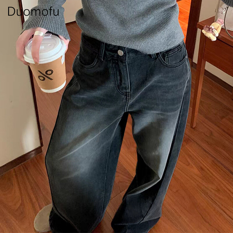 Duomofu ins Distressed gewaschen gerade Baggy Jeans Frauen Herbst Basic in voller Länge Mode einfache schlanke weibliche Jeans mit hoher Taille