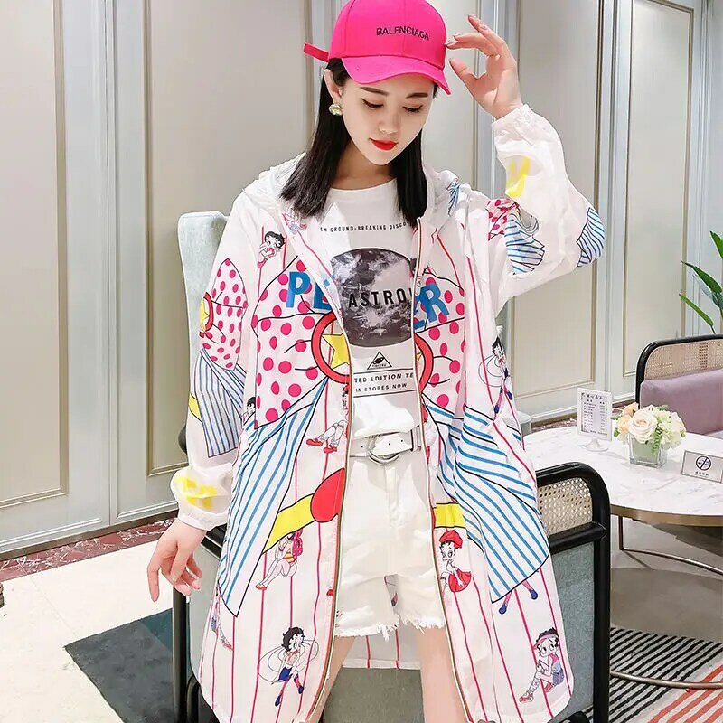 2024 Spring/Summer New Hat Fashion Print Sun Protection Clothing Women's Mid length Versatile Sun Protection Clothing Loose Size