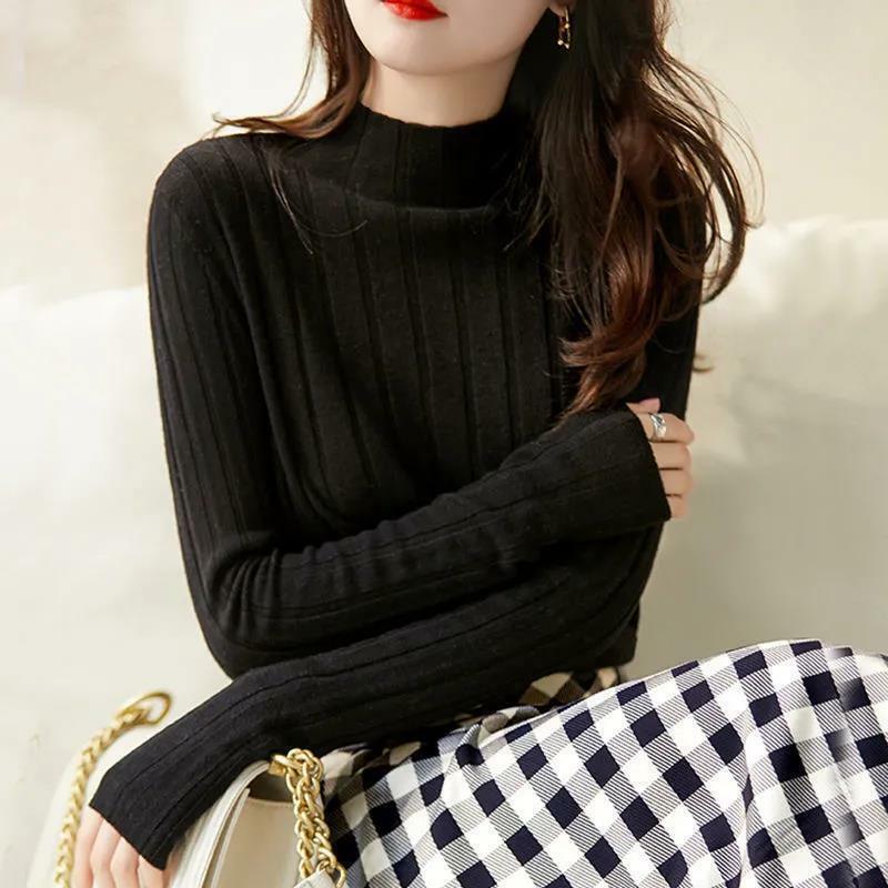 ผู้หญิง2022ฤดูหนาวฤดูใบไม้ร่วงฤดูหนาวถักเสื้อกันหนาว Pullovers Tops สีทึบสำนักงานเลดี้ Elegant ความนิยมเกาหลีเดรสยาวหน้าร้อน