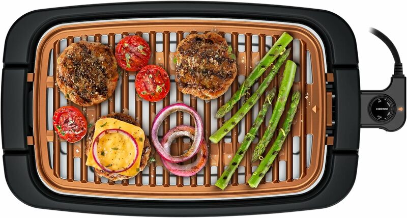 Chefman-Smokeless Indoor Electric Grill, cobre, extra grande, antiaderente Grill para grelhar interior e churrasco