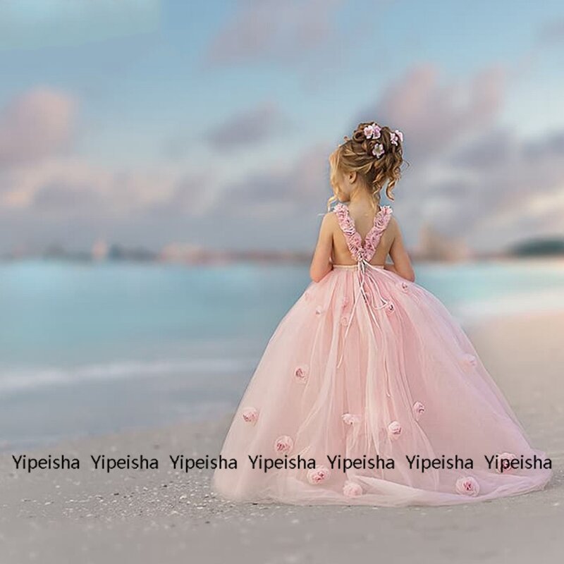 Bebê rosa cinta de espaguete uma linha vestidos da menina de flor para o casamento 2022 com sem mangas macio tule vestido de aniversário do bebê verão