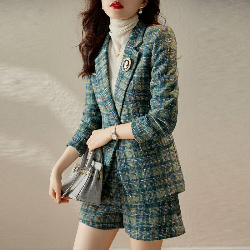 2023 abito primaverile elegante monopetto Slim Print Casual Blazer giacche e pantaloncini Set coreano Femme 2 pezzi completi donna