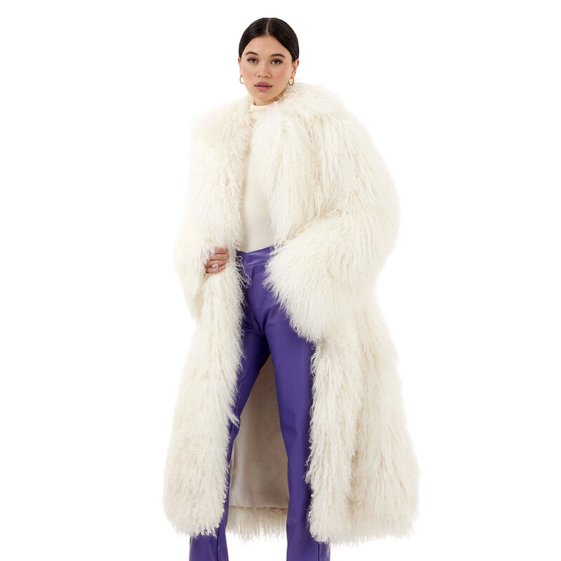 Abrigo de piel de oveja de Mongolia Real para mujer, chaqueta mullida, chaquetas largas de piel de cordero Natural, prendas de vestir exteriores de lujo para invierno
