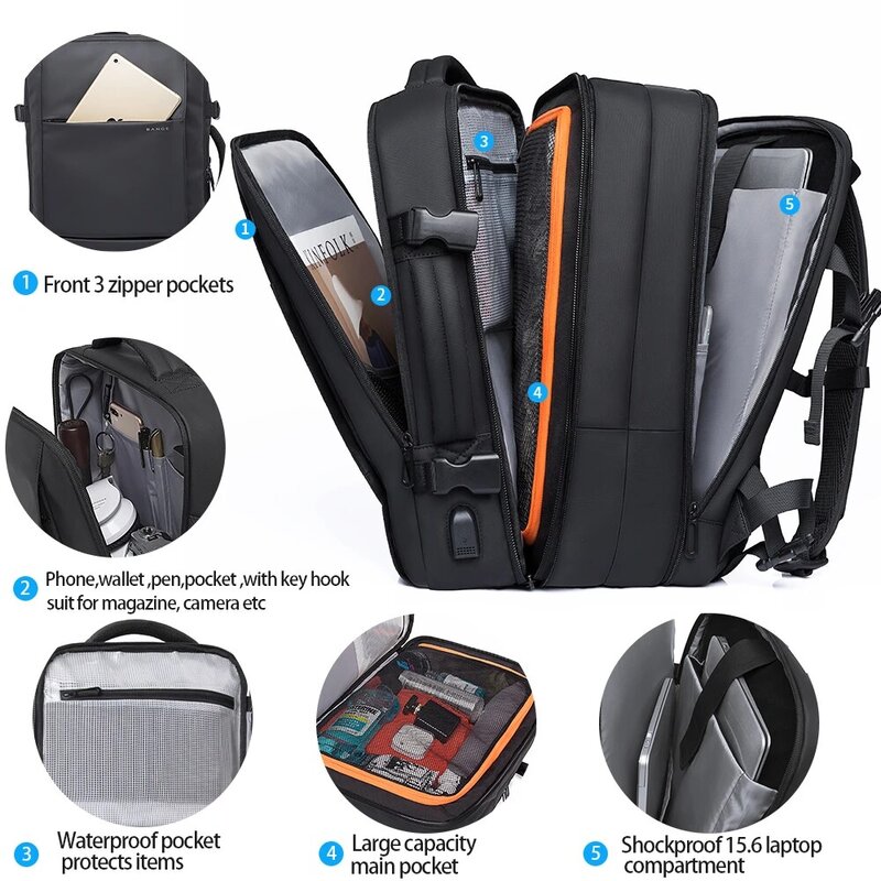 Bange-男性用ラップトップバックパック,拡張可能なトラベルバッグ,大容量,防水,外部USB充電ポート付き