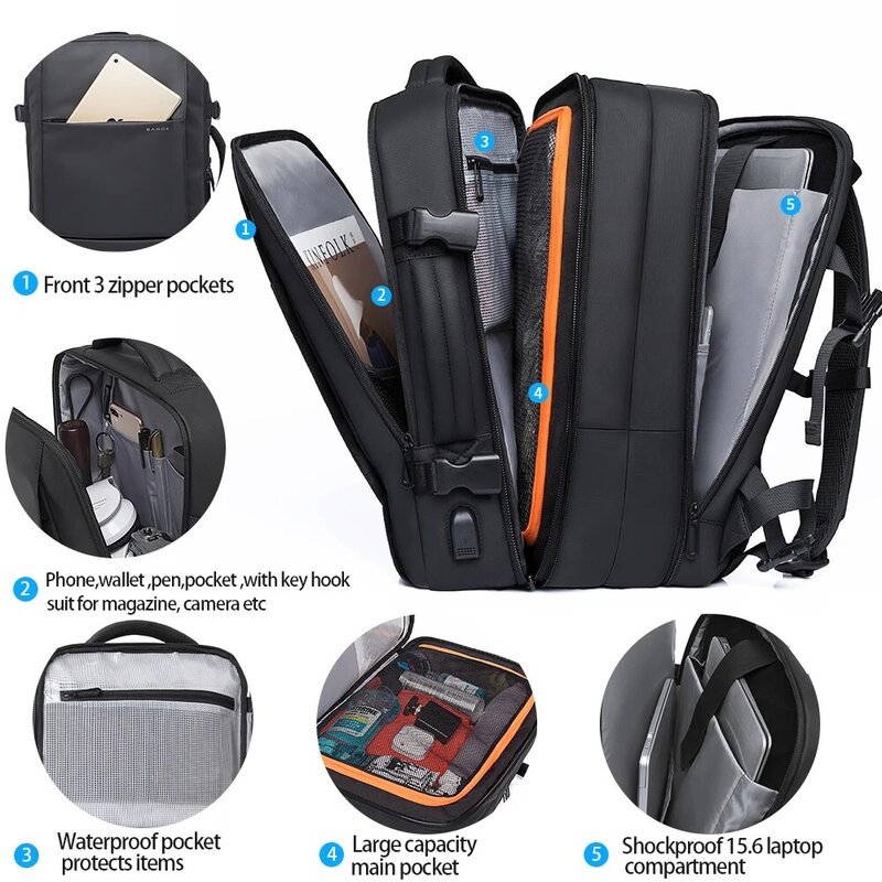 Bange expansível viagem de negócios portátil mochila masculina grande capacidade à prova dwaterproof água porta carregamento usb externo saco