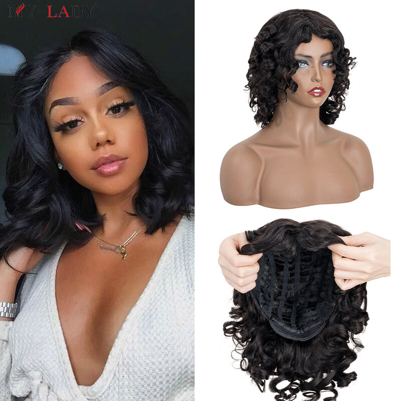MY-LADY 6-16 "Wig rambut manusia gelombang longgar alami Brasil wig Bob hitam mesin penuh dibuat untuk wanita rambut keriting sebelum dipetik