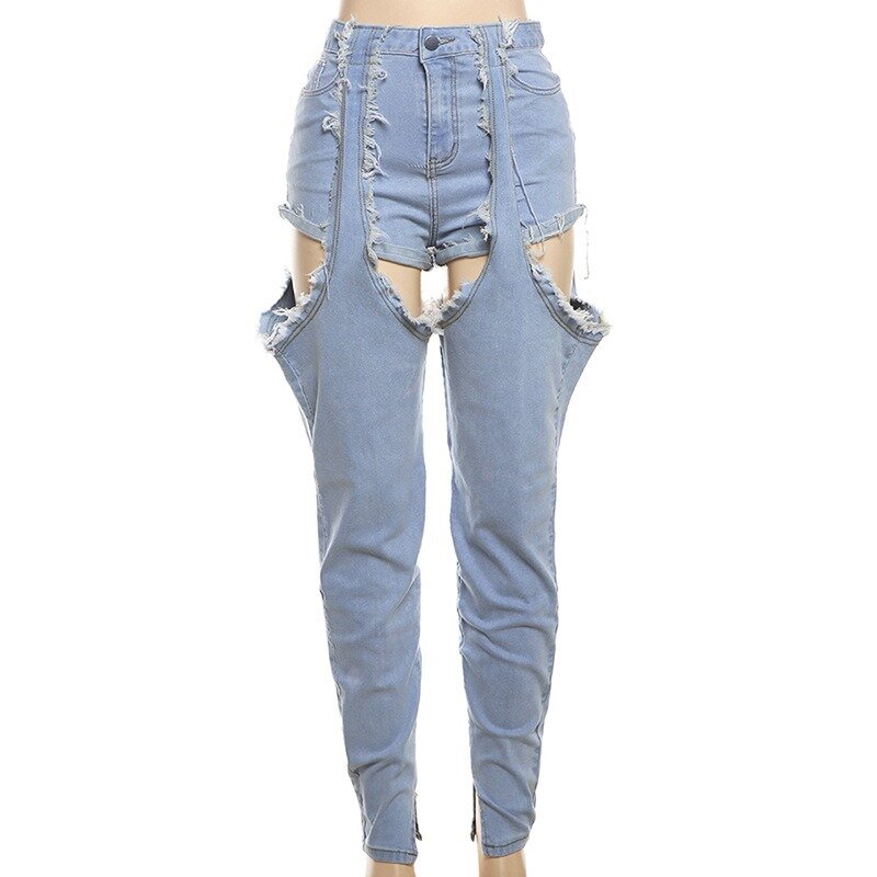 2024 Sommer Streetwear hohle Patchwork schlanke Jeans Hosen Frauen Mode Knopf fliegen Reiß verschluss Quaste lässige Hipster Jeans hose