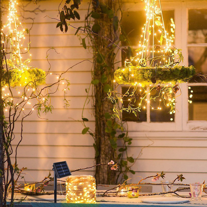Guirnalda de luces LED solares para exteriores, guirnalda impermeable para decoración del hogar, fiesta, boda, jardín, 100/200 Led